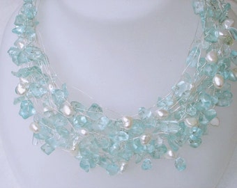Silver Beaded Multi Strand Necklace, Aquamarine Gemstone and Real Freshwater Pearls