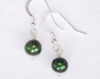 Green Pearl Earrings, Silver earrings, real Freshwater Pearls, June Birthstone, Petite cute gift for her, under 20