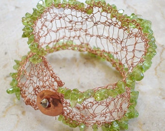 Green Peridot Copper Bracelet, Green cuff bracelet, beautiful Green Peridot Crocheted Lace Bracelet, gift for her, Earthy bracelet