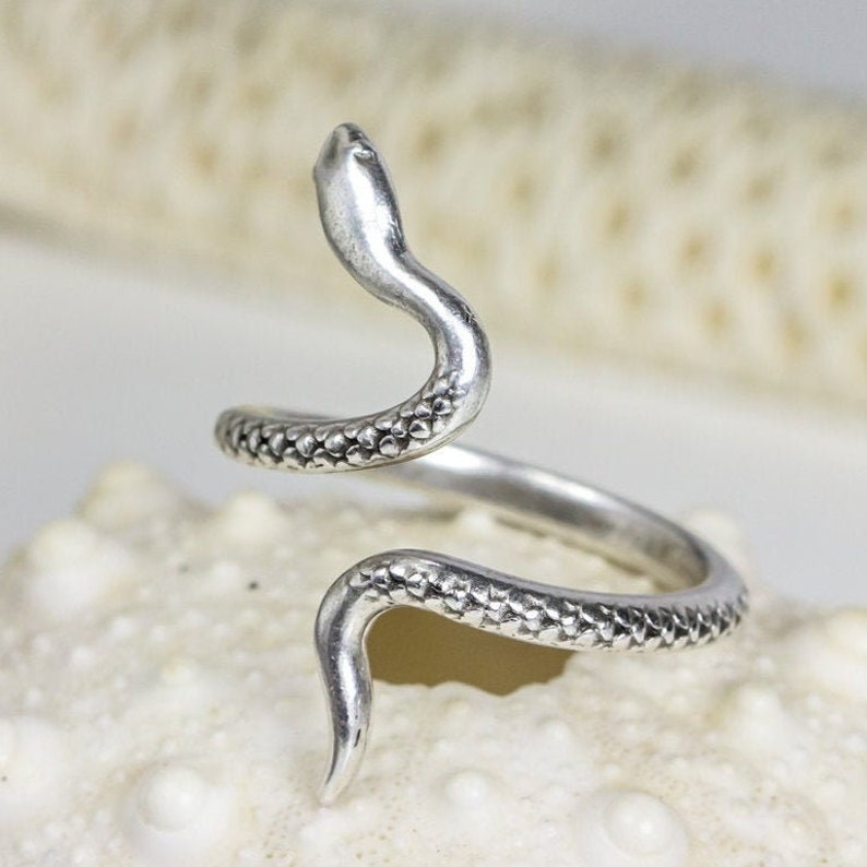 Silver Snake Ring, Serpent Jewelry, Boho Adjustable Silver plated ring, Animal Midi pinky band, minimalist, gift for her image 1