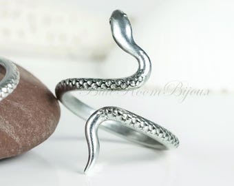Silver Snake Ring, Handmade Serpent Ring, Bohemian Animal Ring Gift, Adjustable US Size 6-7.5