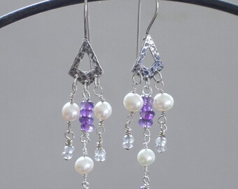 Amethyst Purple birthstone Wedding Earrings Grey Labradorite real Pearl / Triangle Silver Natural jewelry accessories