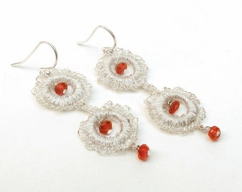 Carnelian Hoop Earrings, Red Birthstone jewelry, Modern Silver Earrings, Sterling Crochet lace, wedding bridal bride jewelry, Holidays gifts