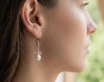 Sterling Silver Pearl Earrings, Pink Quartz Crystal, Boho Wedding Jewelry