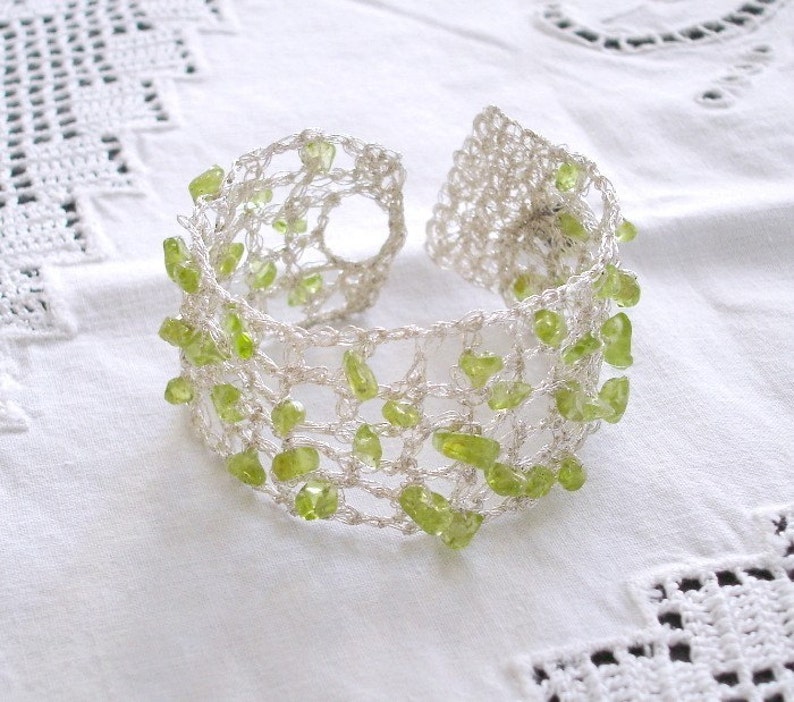 Peridot silver bracelet, Crochet Silver lace, modern bracelet, boho Bridal Jewelry, birthstone Green Peridot Gemstone, gift for her image 1