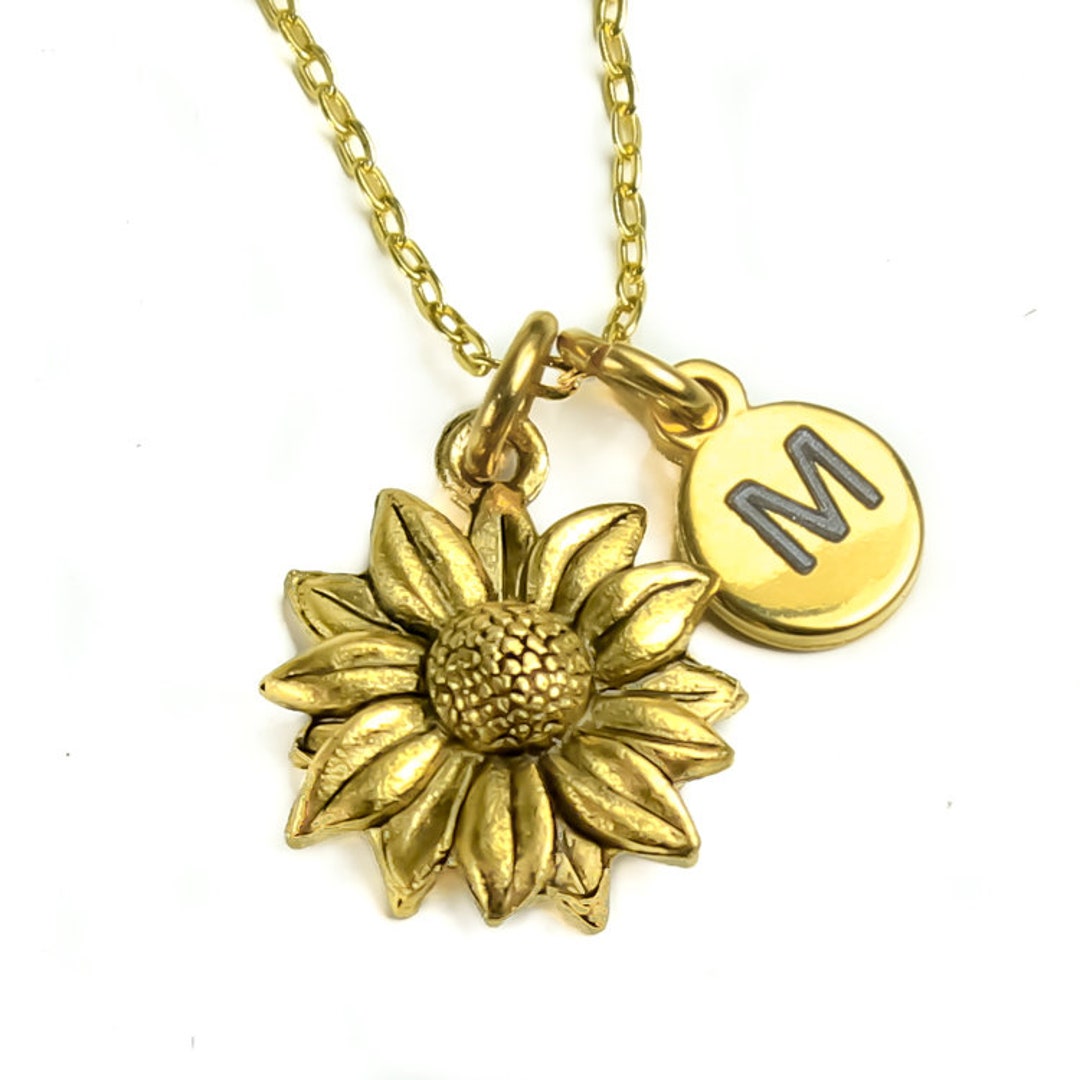 Antique Gold Sunflower Necklace, Gold Flower Charm Necklace, Sunflower