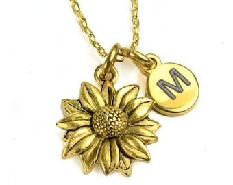 Antique Gold Sunflower Necklace, Gold Flower charm Necklace, Sunflower Charm, Gold Daisy Flower, Personalized Monogram, Christmas gift