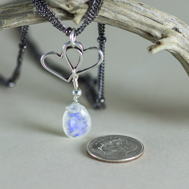 Open Double Heart necklace, boho charm pendant, moonstone gemstone silver plated Jewelry, gift for her image 4