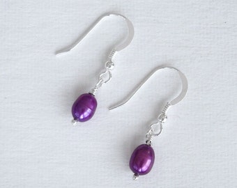 Purple Drop Earrings, Lavender Pearl earrings, Christmas winter Fashion gifts Sterling Silver, Amethyst Real freshwater Pearls