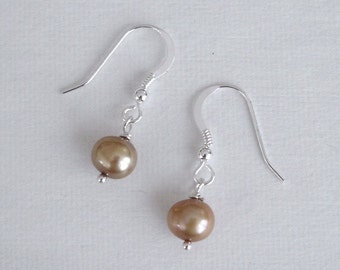 Champagne Pearl Earrings, Winter Fashion, Minimalist Sterling Silver Petite and sweet Bridal bridesmaids gift