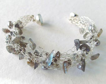 Handmade Crochet Silver Lace Labradorite Bracelet, Grey Gemstone Jewelry