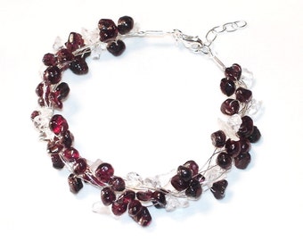 Garnet Bracelet Silver Wire Wrapped Clear Quartz and wine red garnets unique bohemian jewelry gift for her