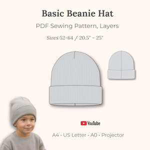 Beanie Hat PDF Pattern, Multi-Size 38-64, Inches, US Letter, Layers