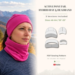 May include: A bright pink active ponytail hybrid hat and headband PDF sewing pattern. The text reads Active Ponytail Hybrid Hat & Headband, 3 Versions Included, Sizes 46-64 / 18-25 inches, PDF Sewing Pattern, A4, US Letter, A0, Projector, YouTube.