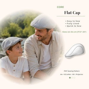 May include: A PDF sewing pattern for a flat cap, featuring text that reads CORE Flat Cap, Easy to Sew, Fully Lined, Quick to Sew, and Sizes 44-64 cm (17.3-25 inches). The image includes a line drawing of the cap and format options A4, US Letter, A0, and Projector.
