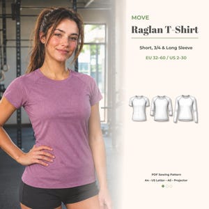 Op de afbeelding: Een vrouw draagt een mauve raglan T-shirt met korte mouwen en een zwarte short. De afbeelding bevat de tekst "MOVE Raglan T-Shirt" en maat informatie in EU-maten 32-60. De afbeelding toont ook illustraties van het shirt.