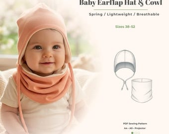 Baby Earflap Hat and Cowl Sewing Pattern, Spring Lightweight (Sizes 38-52) (Digital Download)
