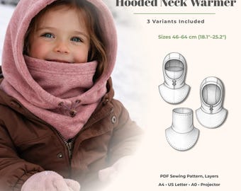 PDF-patroon nekwarmer met capuchon, 3-in-1 naaipatroon capuchon en nekhoes, maten 46-64, A4 US Letter A0-projector, lagen
