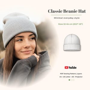 Könnte beinhalten: Hellgraue Beanie-Mütze mit gerippter Struktur. Das Bild enthält den Text "Classic Beanie Hat" und "Minimal everyday style". Die Mütze ist in den Größen 52-64 cm erhältlich. Ein YouTube-Logo und Details zum Schnittmuster sind ebenfalls abgebildet.