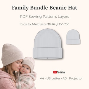 Family Beanie Hat PDF Pattern, Sizes 38-64, Inches, Layers, US Letter