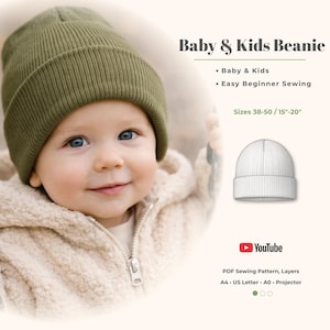 May include: An olive green beanie hat on a baby. The image includes text that reads "Baby & Kids Beanie", "Baby & Kids", "Easy Beginner Sewing", and "Sizes 38-50 / 15"-20"". A YouTube logo and text about a PDF sewing pattern are also present.