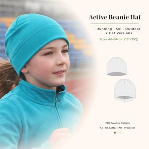 May include: A young person wearing a teal beanie hat and matching jacket. The image includes the text "Active Beanie Hat" and details about the hat's use for running, skiing, and outdoor activities. The hat sizes range from 18 to 25 inches.