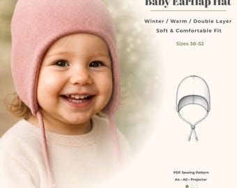 Baby Earflap Hat Sewing Pattern 38-52 – Winter Hat PDF + Lined Beanie + A4/A0/Projector