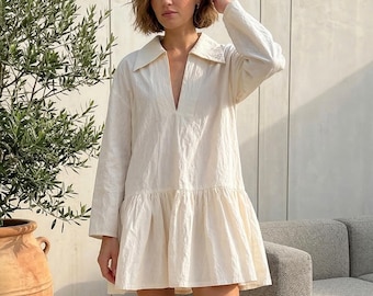 Katoenen mini-jurk dames ontspannen losse pasvorm drop-taille shirtjurk zomer