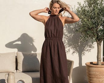 100% Washed Linen Halter Midi Dress, Tie-Back Summer A-Line Silhouette