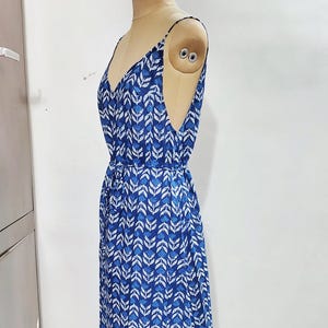 Boho Blue Cotton Dress Deep V Neck A-Line Maxi Dress Adjustable Waist Tie