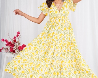 white christmas dresses Yellow Floral Cotton Dress for Girls – Lagorii Kids