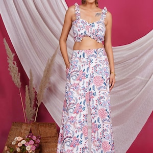 Women’s Handblock Printed Cotton Co-ord Set Ruffle Strap Crop Top & Wide-Leg Pants Boho Summer Two-Piece Set Outfit Beachwear