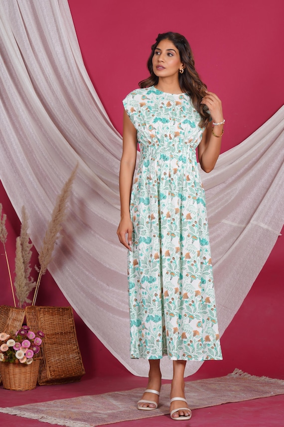 Hand Block Printed Cotton Maxi Dress: Boho Floral Summer Dress