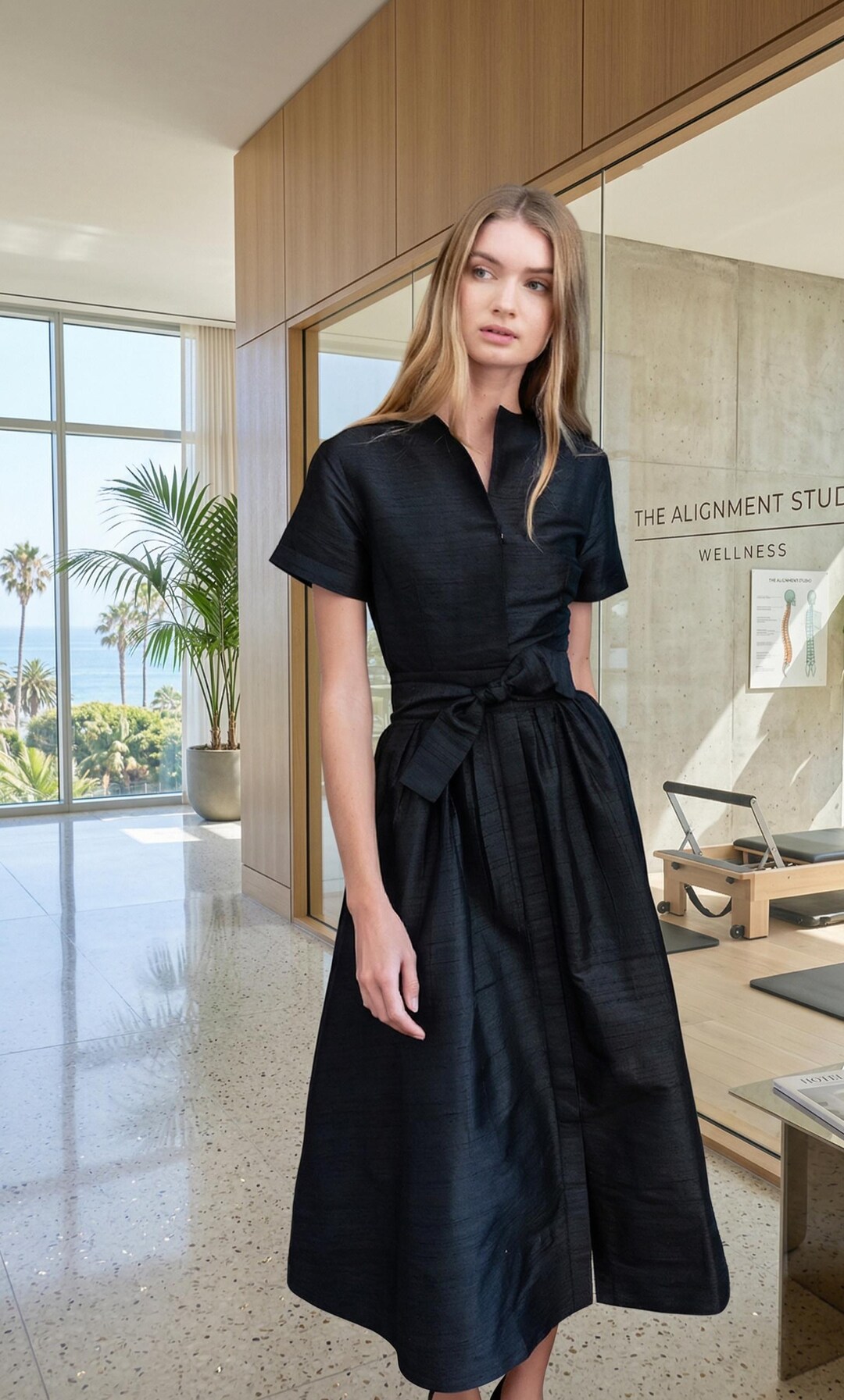 black satin midi shirt dress Black Dupioni Silk Midi Dress Women Vintage Shirt Dress A Line Minimalist  Belted Waist
