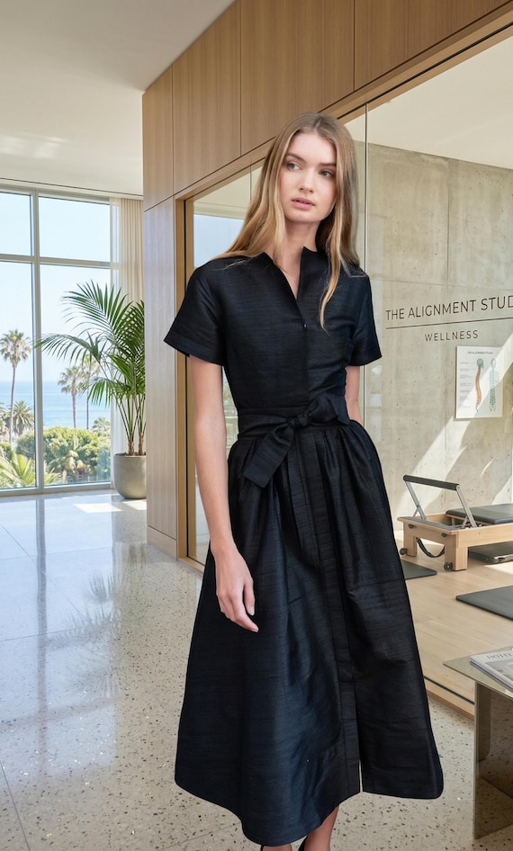 Black Dupioni Silk Midi Dress Women Vintage Shirt Dress A Line Minimalist Belted Waist - Etsy Black Dupioni Silk Midi Dress Women Vintage Shirt Dress A Line Minimalist Belted Waist - Etsy