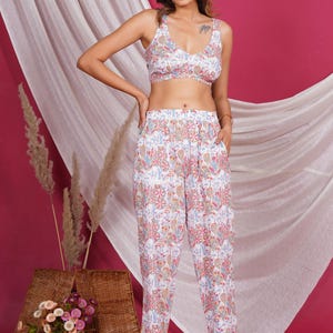 Handblock Printed Cotton Co-ord Set for Women Sleeveless Crop Top Pant Adjustable Back Tie Lightweight & Summer Outfit