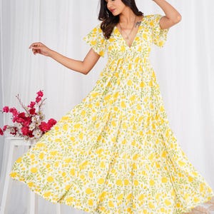 Handmade Women&#39;s Yellow Floral Block Print Cotton Maxi Dress – Boho V-Neck Flowy Summer Dress with Short Sleeves