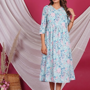 Hand Block Printed Cotton Angrakha Dress for Women – Below Knee Length | 3/4 Sleeves with Slit | Wrap Style with Dual Tie Closure
