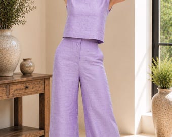 Crop Top & Wide Leg Pants Set Two Piece Silk Outfit Summer Co-Ord Resort Vacation Wear