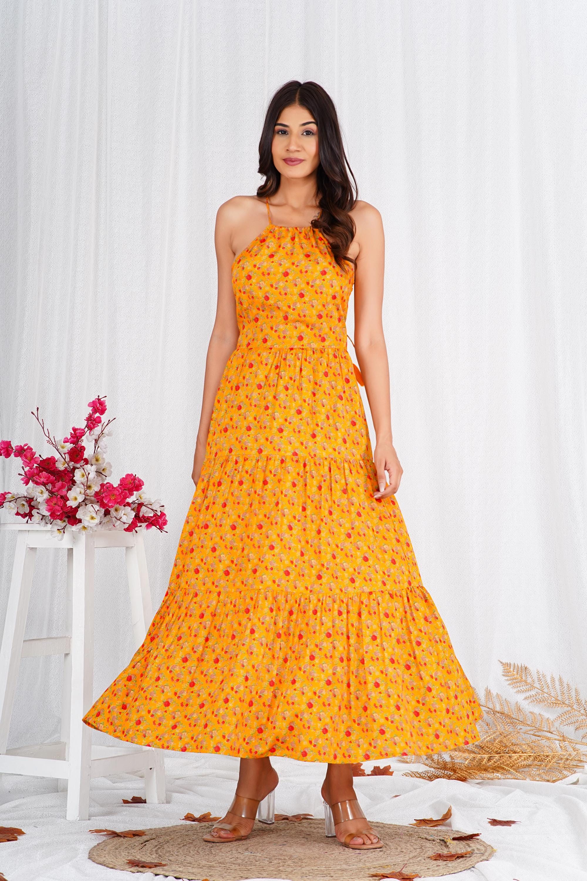Hand Block Printed Viscose Maxi Dress: Mustard Yellow Red Floral