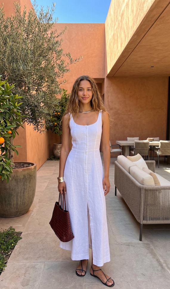 ankle length summer dress White Linen A-Line Maxi Women Sleeveless Button Party Practical side pockets make Hide Production Time:45 Days 15 Winter Birthday Outfit Sleeveless dress