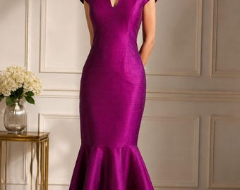 Dupioni Silk Mermaid Dress Evening Midi Wedding Guest Elegant Cocktail Formal Wear