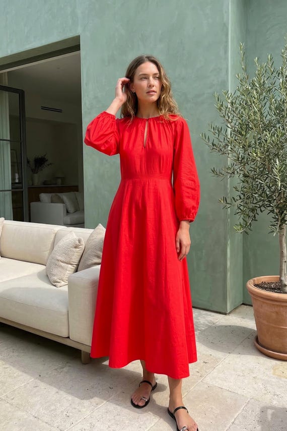cotton a line maxi dress for women Red Casual Red Maxi A-line Midi Dress Elegant Casual Half sleeves BS_Givenchy Buy Libas Blue Printed Color:ivory