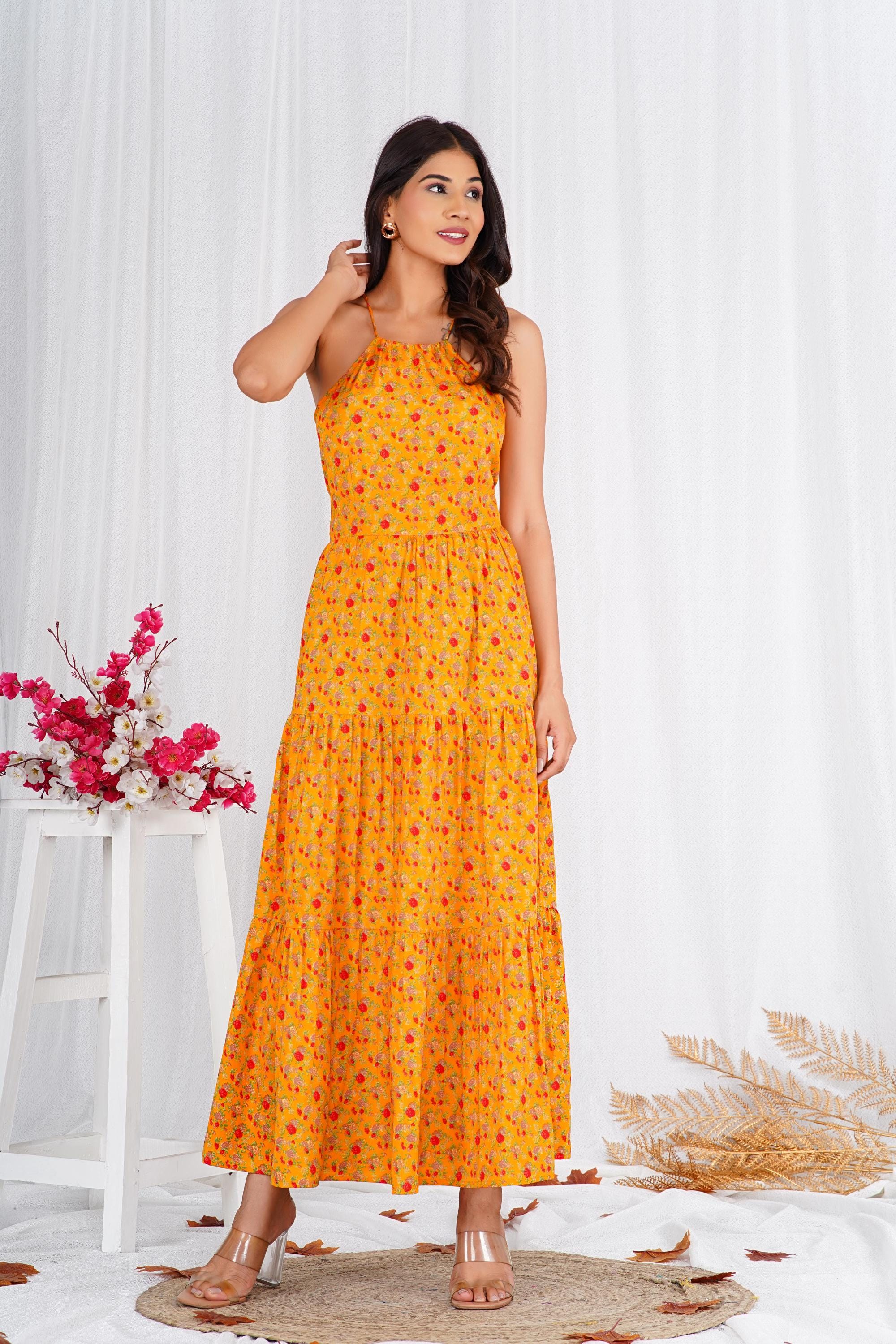 Hand Block Printed Viscose Maxi Dress: Mustard Yellow Red Floral