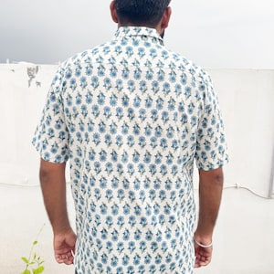 Men’s Blue Floral Hand Block Print Cotton Shirt | Handmade Indian Summer Shirt | Half Sleeve Button Down | Boho Ethnic Gift for Him