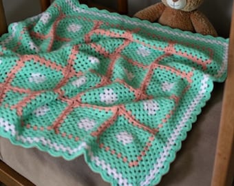 Couverture pour bébé au crochet fait main carré grand-mère pour chambre d'enfant, jet doux hypoallergénique cadeau vert patchwork