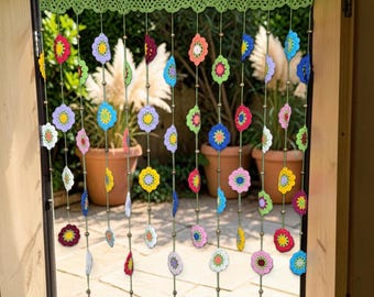 Colorful Crochet Beaded Floral Cotton Doorway Curtain Handmade Boho Cottagecore Room Divider Window Decor