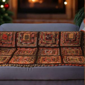 Bohemian Southwestern Crochet Patchwork King Blanket: Fair Isle Moss Stitch in Brown and Burnt Orange