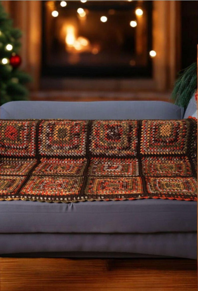 Bohemian Southwestern Crochet Patchwork King Blanket: Fair Isle Moss Stitch in Brown and Burnt Orange