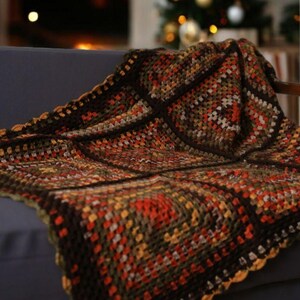 Bohemian Southwestern Crochet Patchwork King Blanket: Fair Isle Moss Stitch in Brown and Burnt Orange